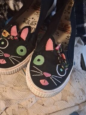 Womens Black Cat Slip-On Sneakers with Pink & Green Details
